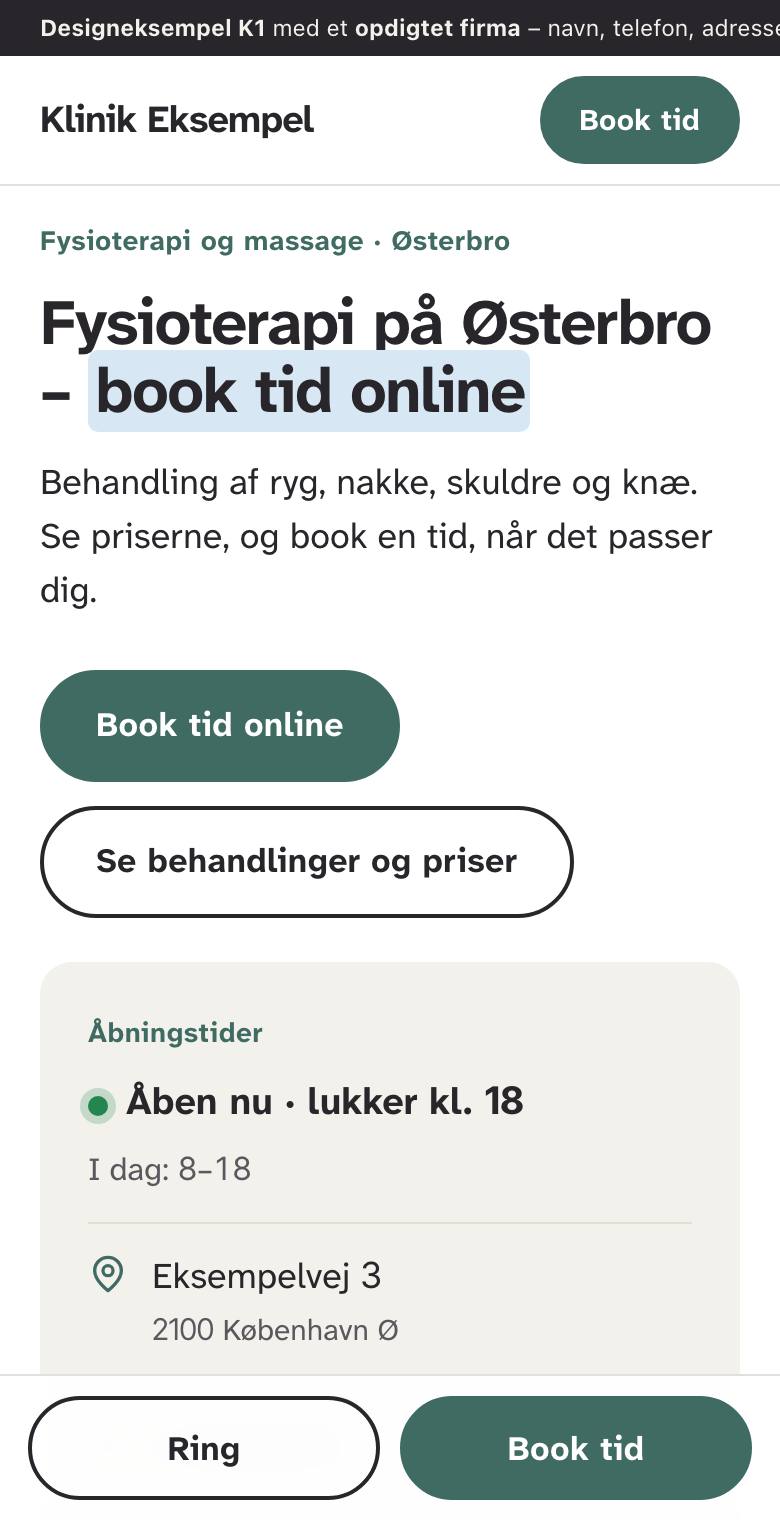 Eksempel på hjemmeside til klinik på en mobil